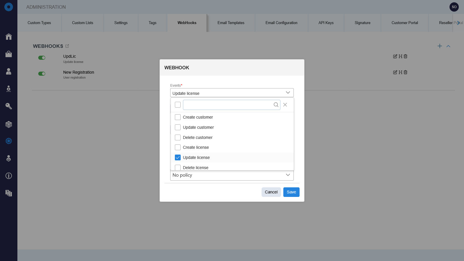 Webhook event selection