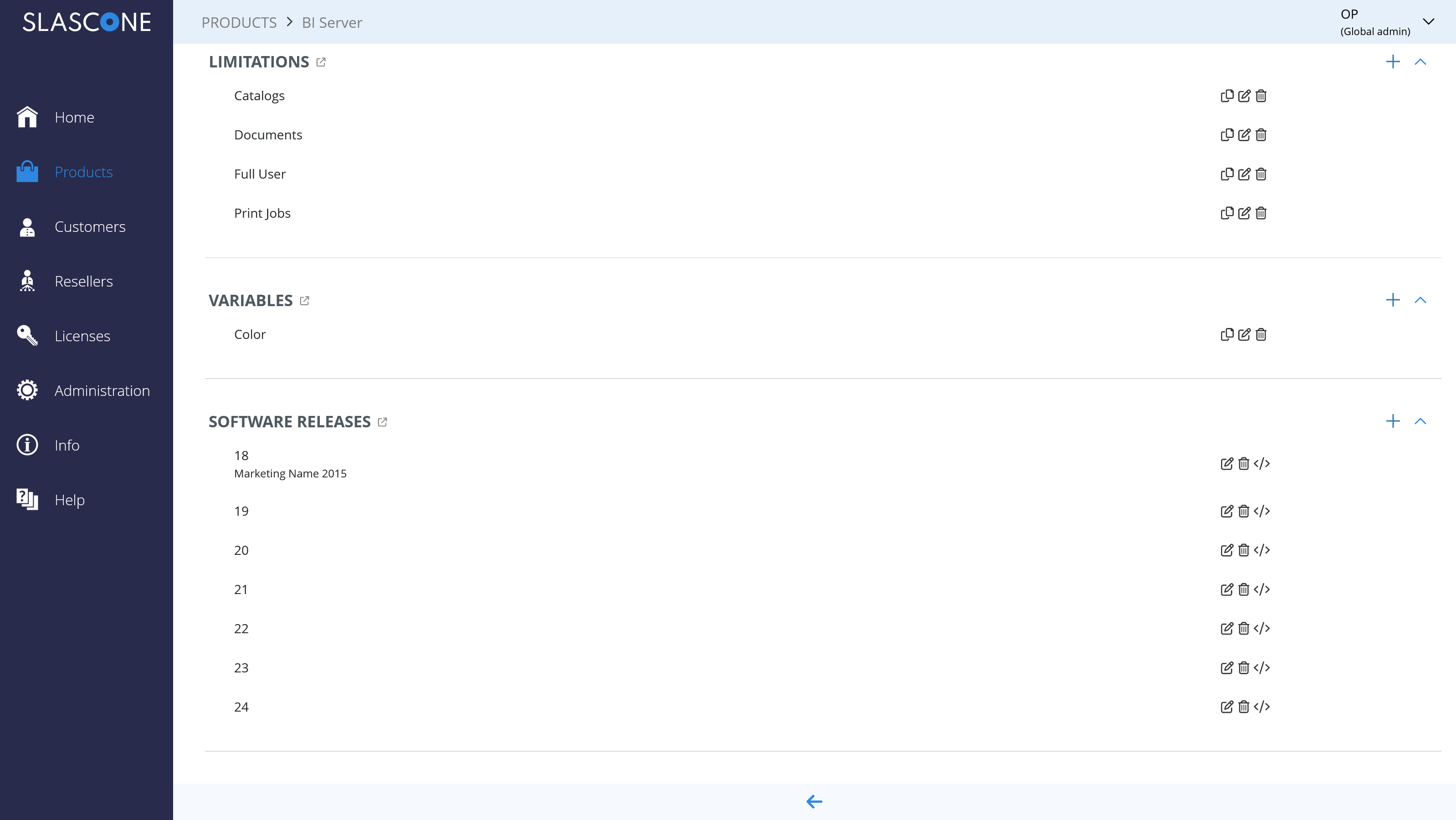 Software releases configured in the product