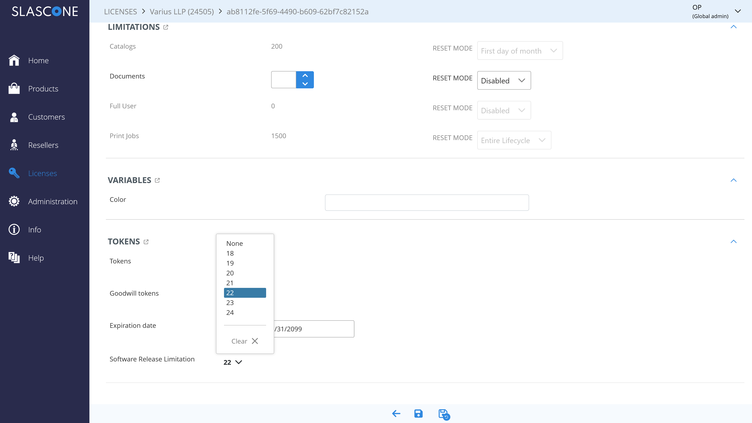 Software release limitation configured on a license
